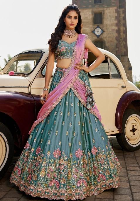 Teal Blue Sequin Silk Blend Lehenga Set