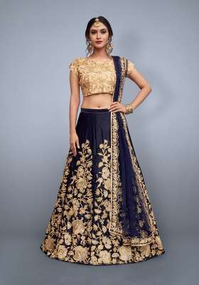 Navy Blue Velvet Lehenga Set with Embroidery for Diwali | Wedding & Festive Wear