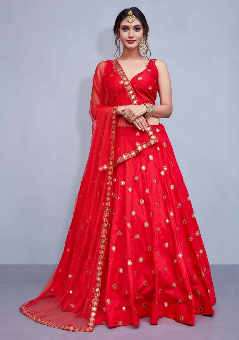 Red Embroidery Silk Lehenga Set for Diwali and Festive Wear - Indya