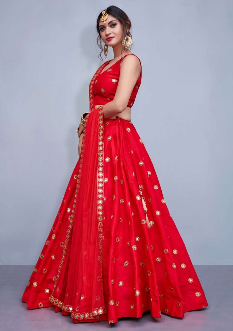Red Embroidery Silk Lehenga Set for Diwali and Festive Wear - Indya
