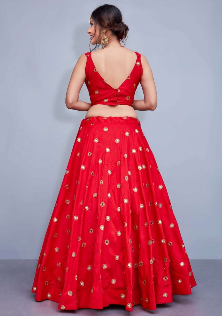 Red Embroidery Silk Lehenga Set for Diwali and Festive Wear - Indya