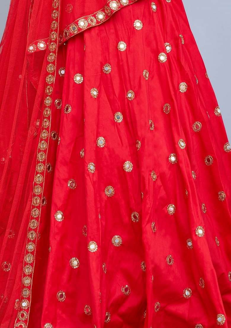 Red Embroidery Silk Lehenga Set for Diwali and Festive Wear - Indya