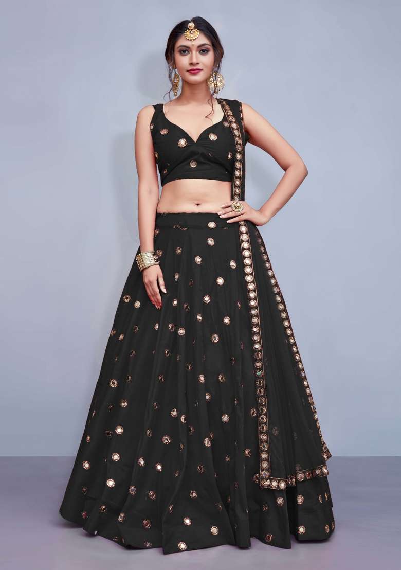 Black Silk Lehenga Set with Embroidery for Diwali | Wedding & Festive Wear - Indya
