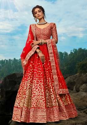 Red Embroidery Net Lehenga Set for Diwali and Festive Wear