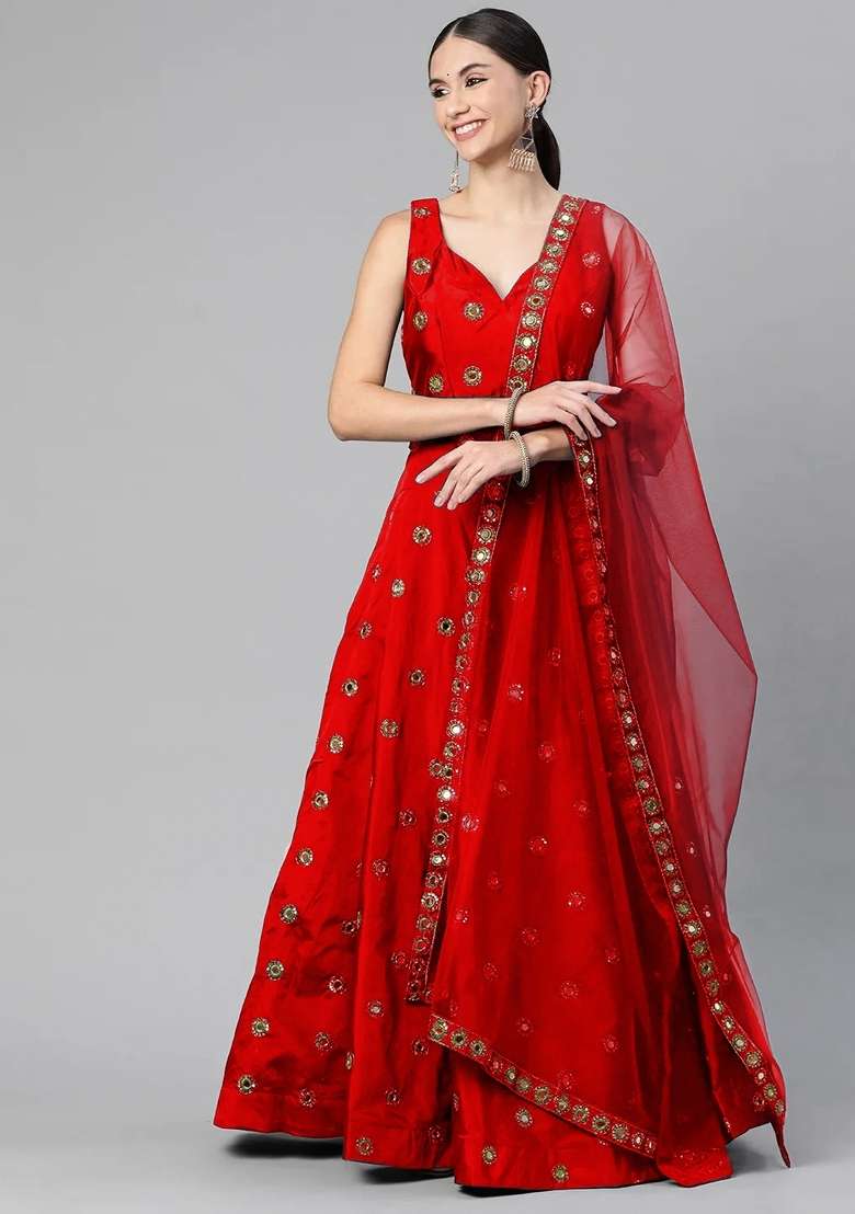 Red Silk Lehenga Set with Embroidery for Diwali | Wedding & Festive Wear - Indya