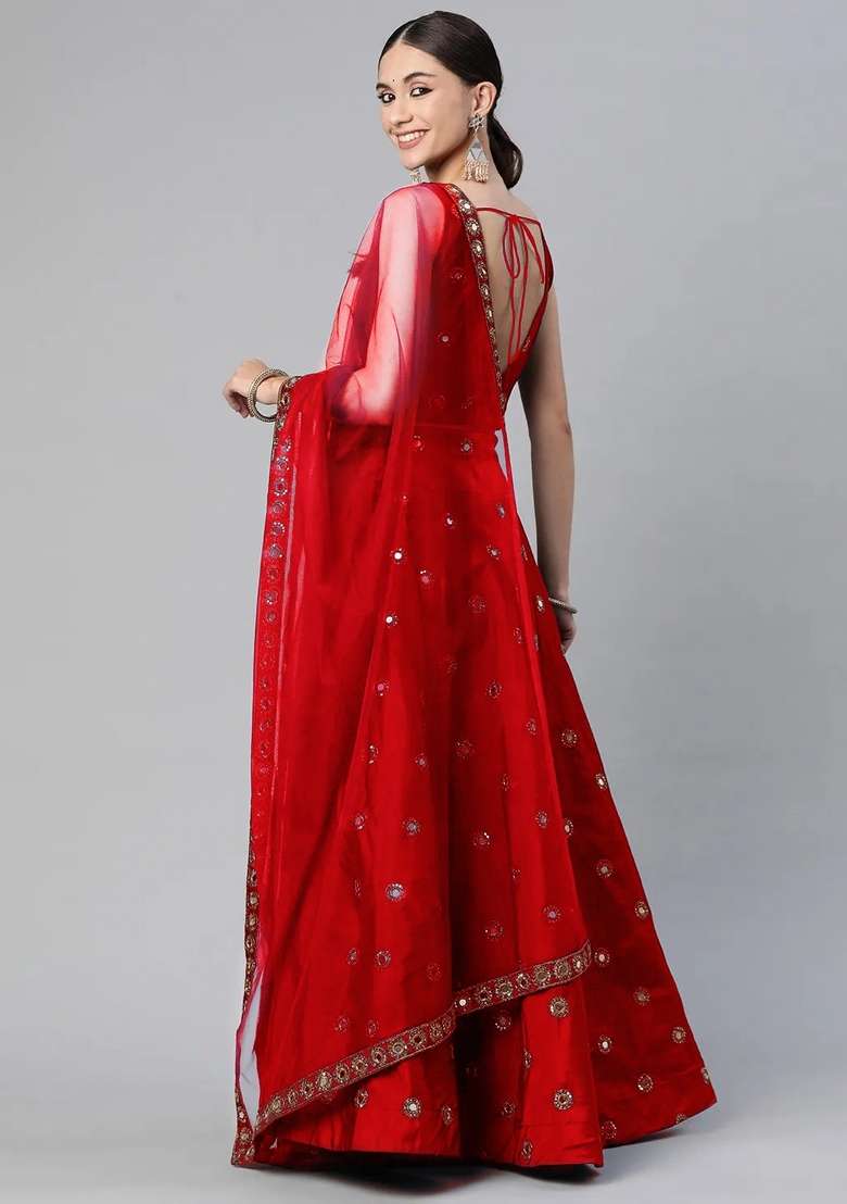 Red Silk Lehenga Set with Embroidery for Diwali | Wedding & Festive Wear - Indya