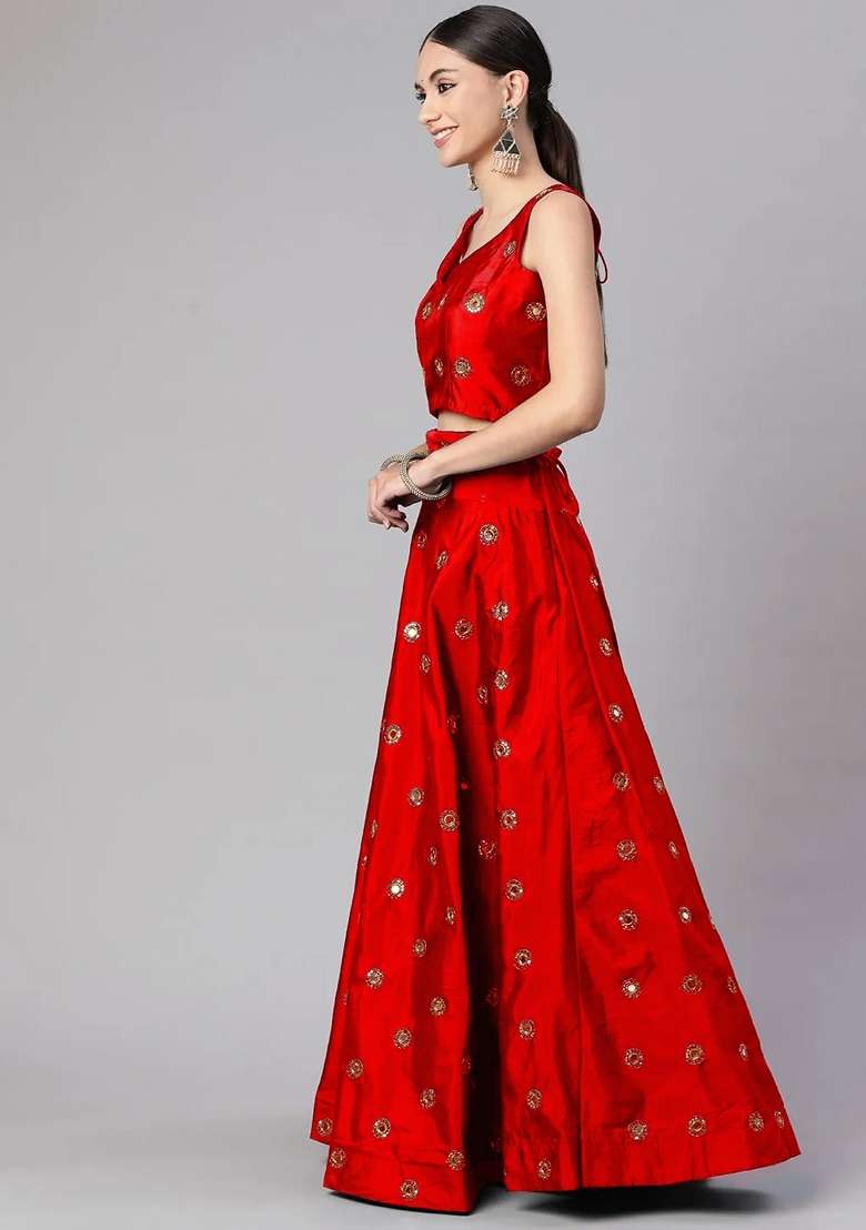 Red Silk Lehenga Set with Embroidery for Diwali | Wedding & Festive Wear - Indya