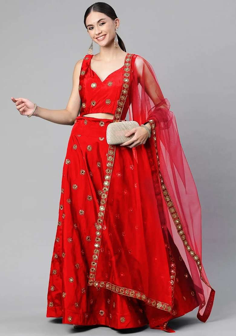 Red Silk Lehenga Set with Embroidery for Diwali | Wedding & Festive Wear - Indya