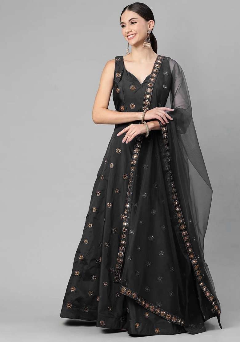 Black Silk Lehenga Set with Embroidery for Diwali | Wedding & Festive Wear - Indya