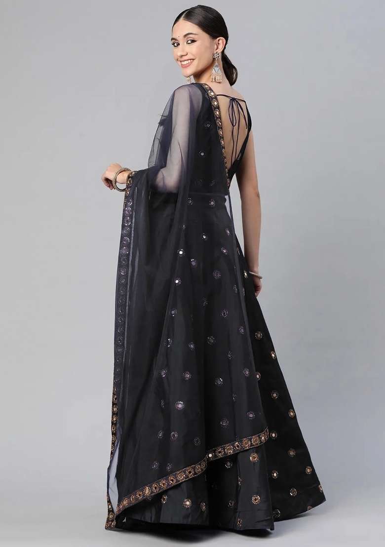 Black Silk Lehenga Set with Embroidery for Diwali | Wedding & Festive Wear - Indya