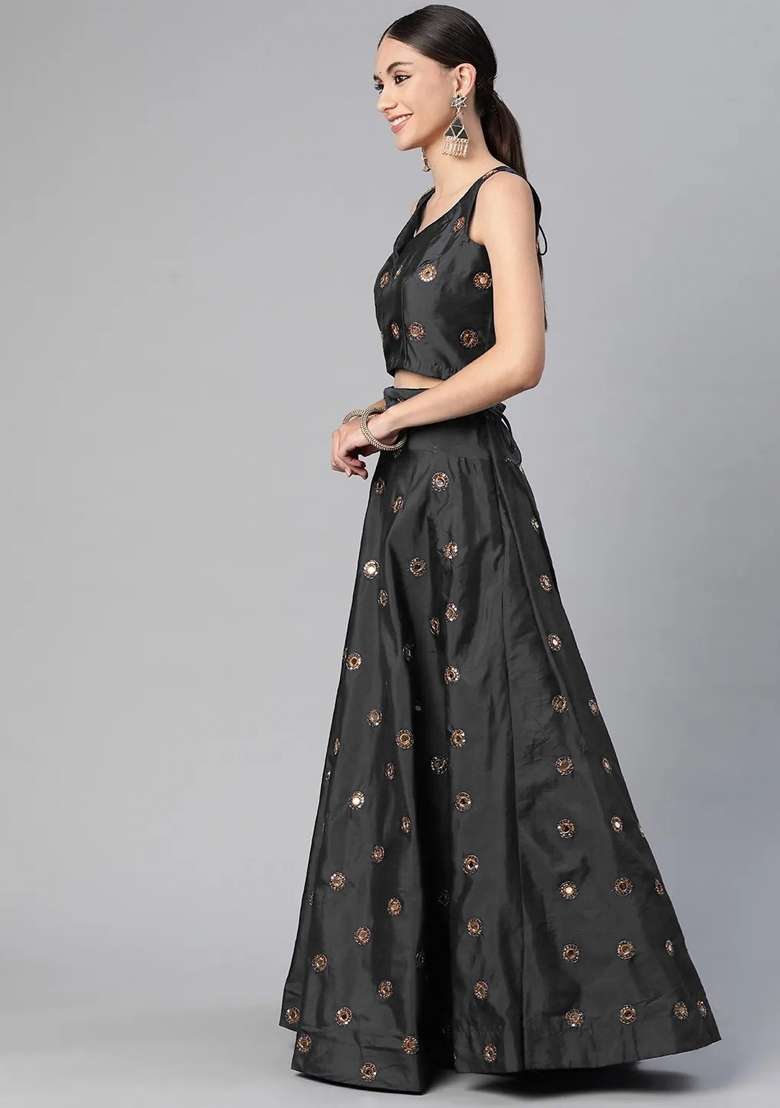 Black Silk Lehenga Set with Embroidery for Diwali | Wedding & Festive Wear - Indya