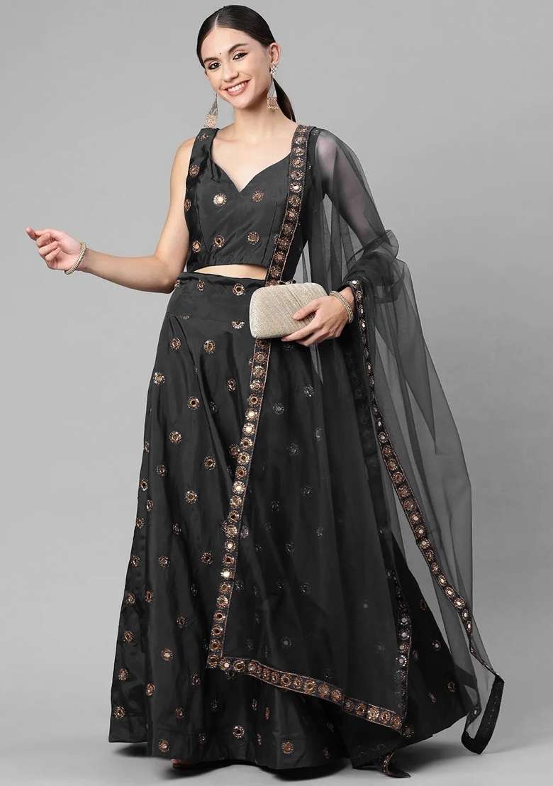 Black Silk Lehenga Set with Embroidery for Diwali | Wedding & Festive Wear - Indya