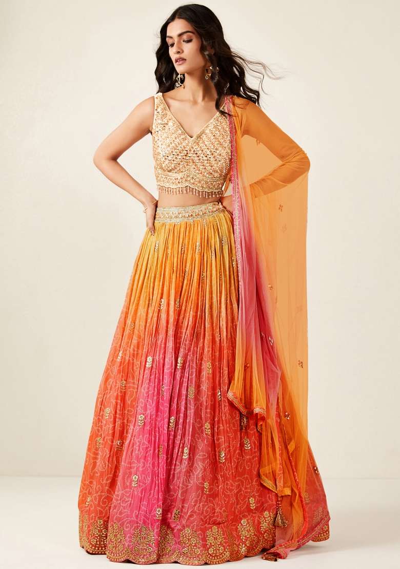 Orange Organza Lehenga Set with Embroidery for Diwali | Wedding & Festive Wear - Indya