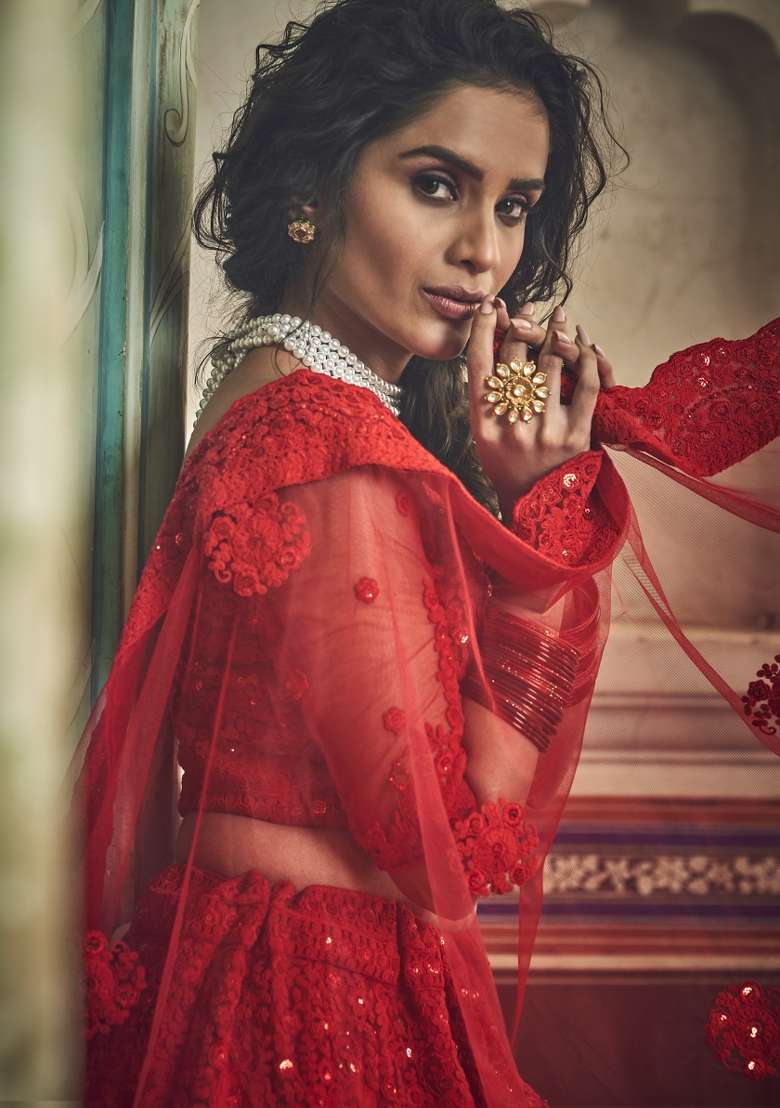 Red Embroidery Net Lehenga Set for Diwali and Festive Wear - Indya