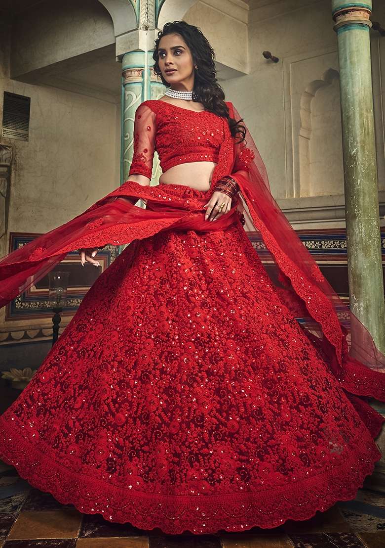 Red Embroidery Net Lehenga Set for Diwali and Festive Wear - Indya