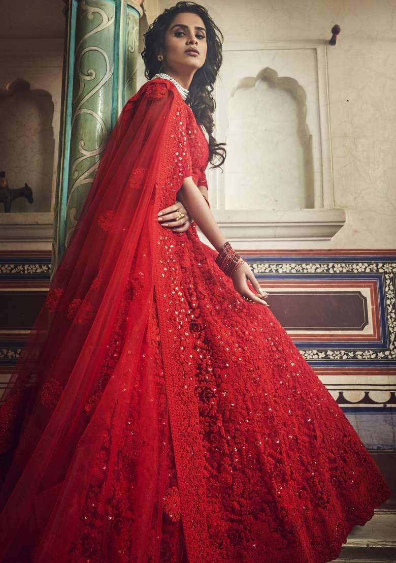 Red Embroidery Net Lehenga Set for Diwali and Festive Wear - Indya