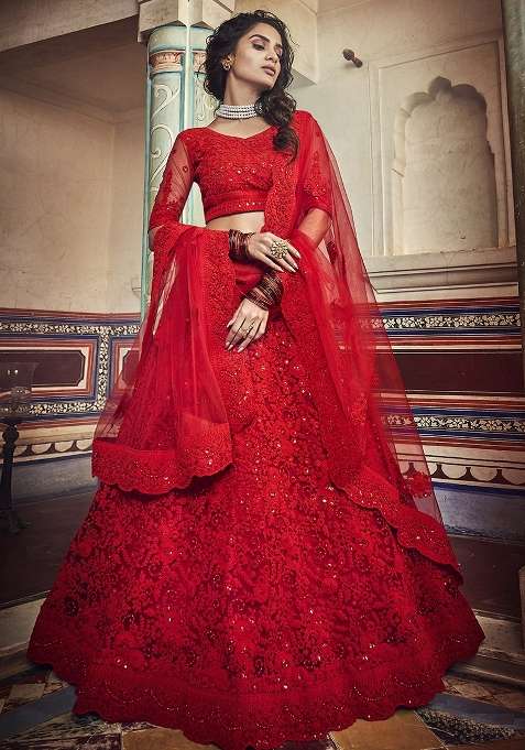 Red Embroidery Net Lehenga Set for Diwali and Festive Wear