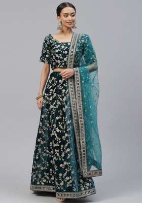 Dark Green Velvet Lehenga Set with Embroidery for Diwali | Wedding & Festive Wear