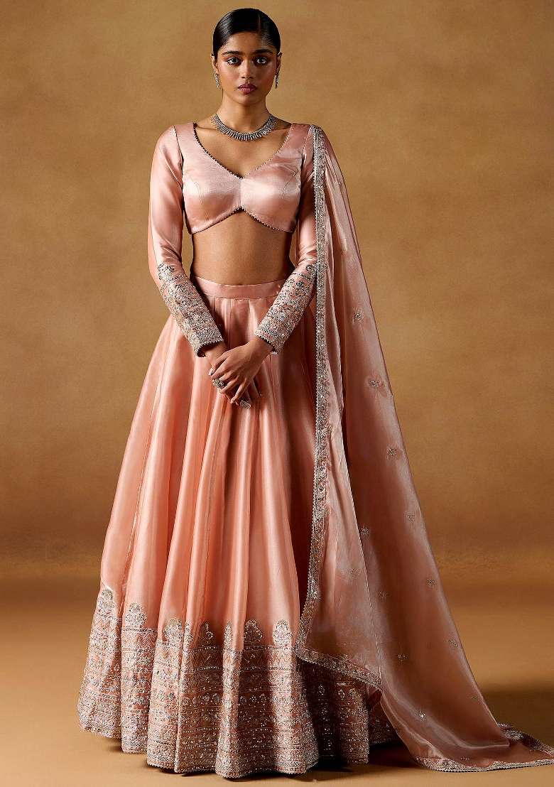 Dusty Coral Embroidery Silk Lehenga Set for Diwali and Festive Wear - Indya