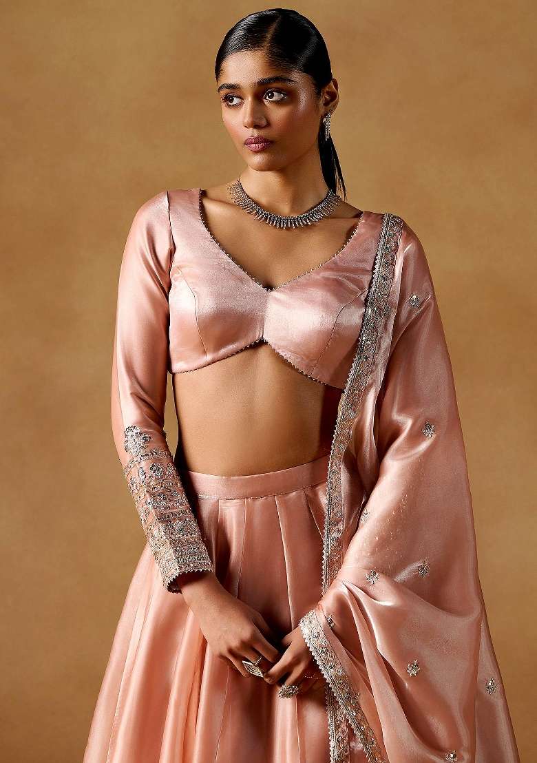 Dusty Coral Embroidery Silk Lehenga Set for Diwali and Festive Wear - Indya