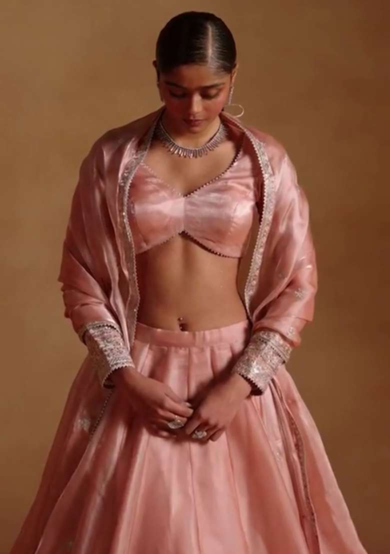Dusty Coral Embroidery Silk Lehenga Set for Diwali and Festive Wear - Indya