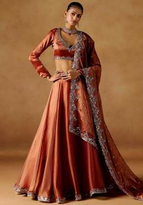 Rust Embroidery Silk Lehenga Set for Diwali and Festive Wear