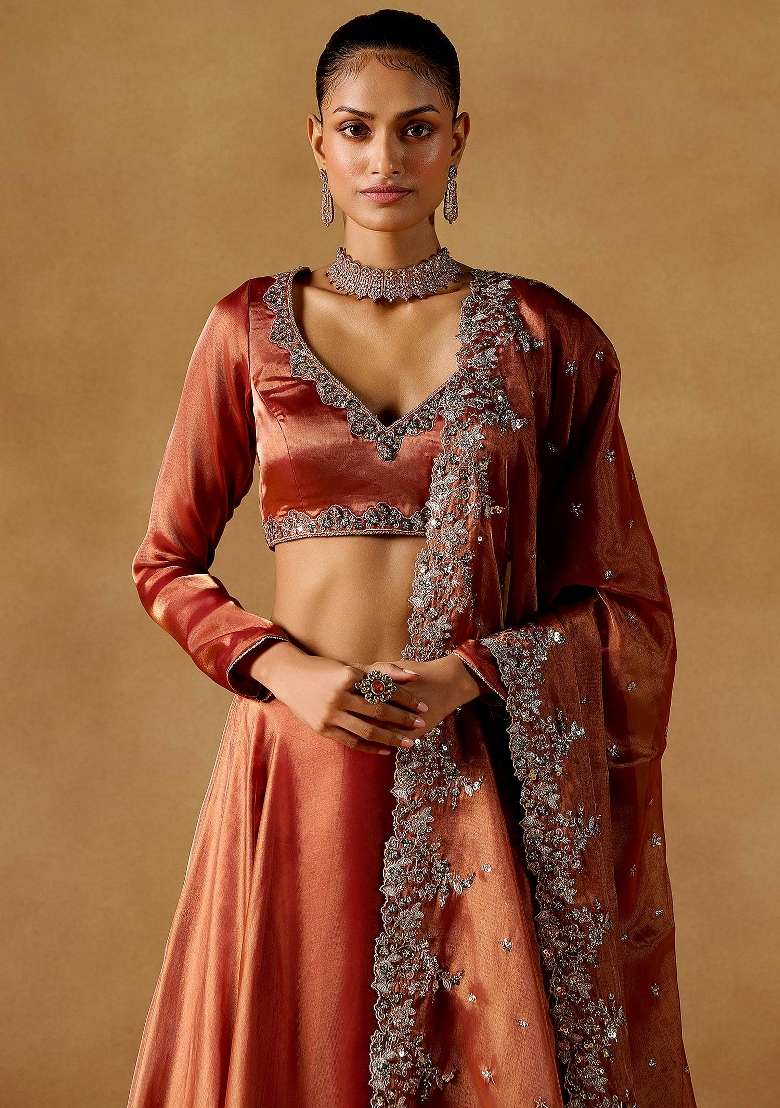 Rust Embroidery Silk Lehenga Set for Diwali and Festive Wear - Indya