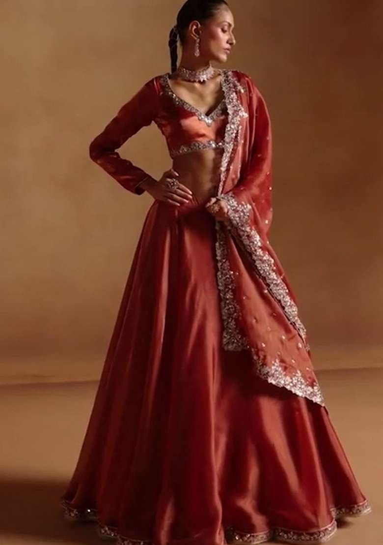 Rust Embroidery Silk Lehenga Set for Diwali and Festive Wear - Indya