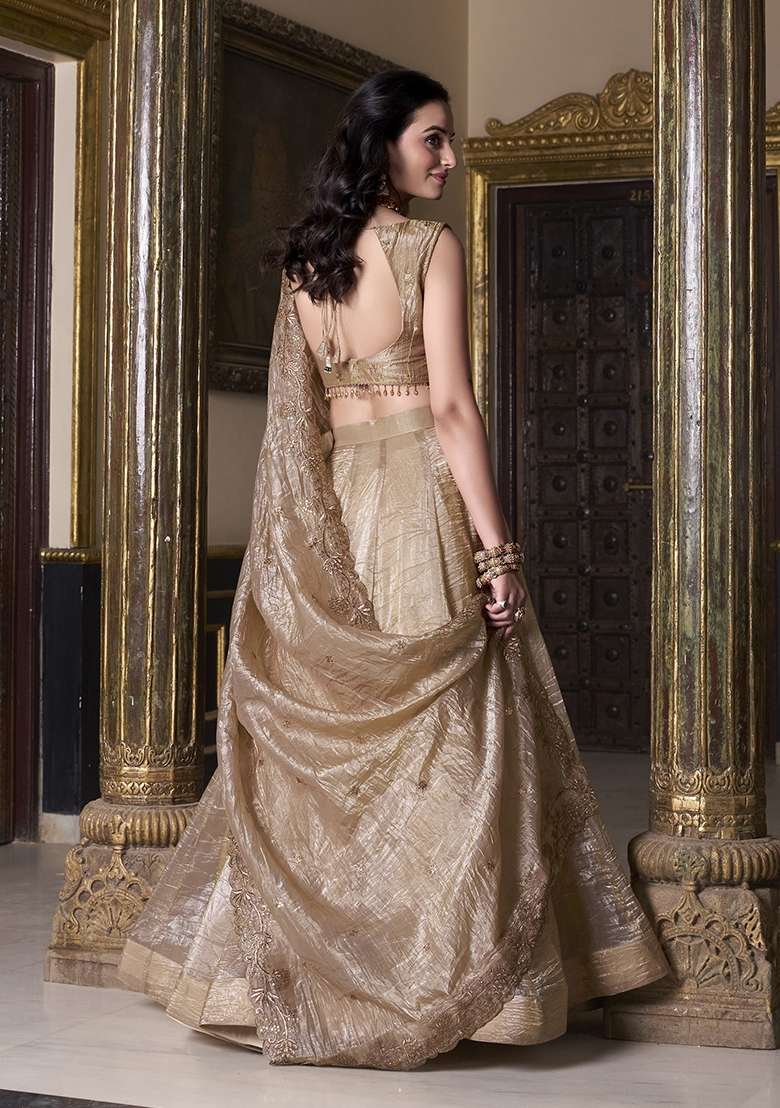 Beige Embroidery Gold Crush Lehenga Set for Diwali and Festive Wear - Indya