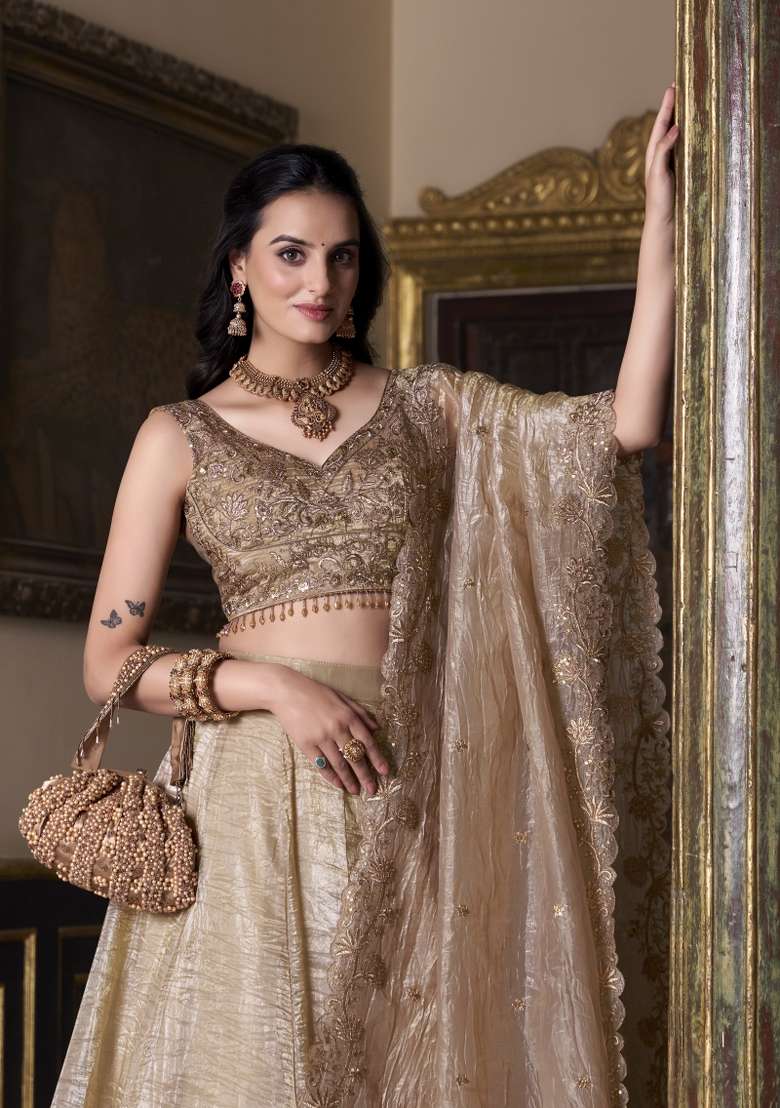 Beige Embroidery Gold Crush Lehenga Set for Diwali and Festive Wear - Indya
