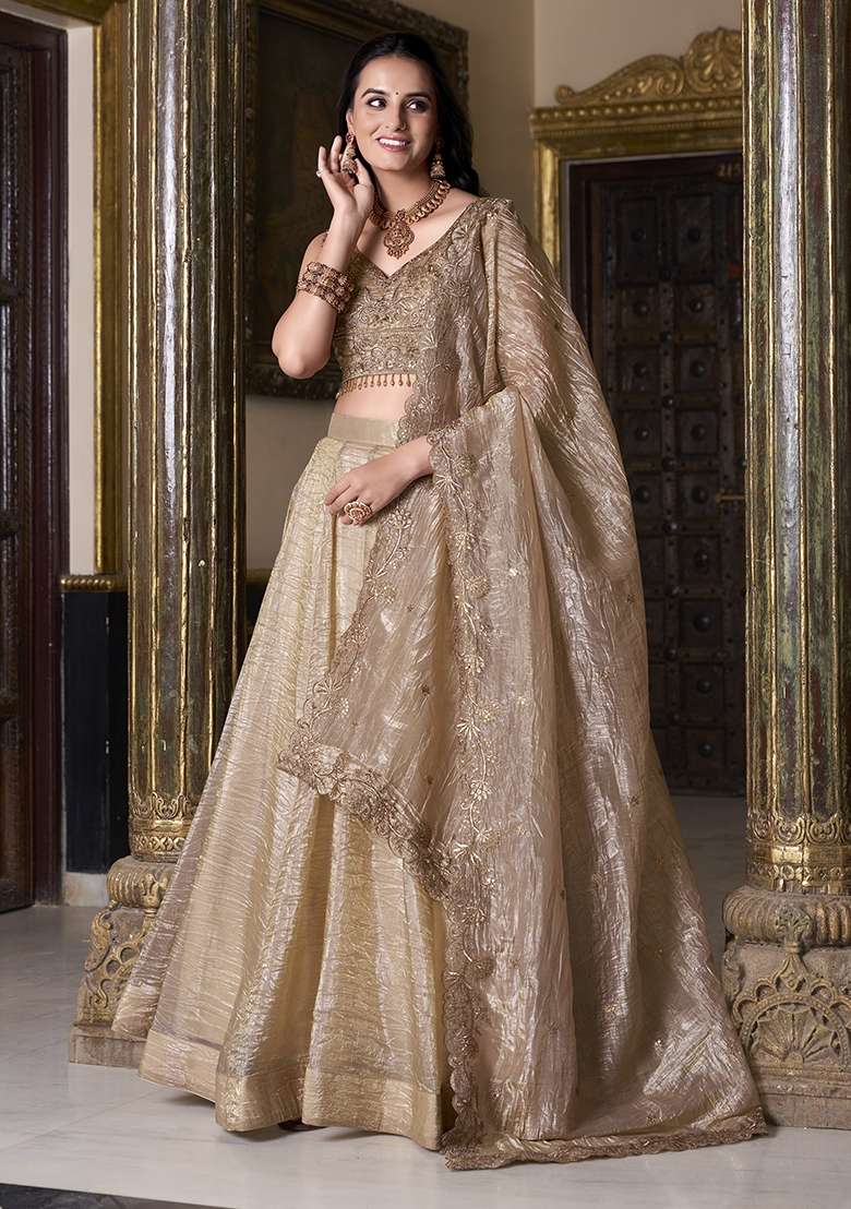 Beige Embroidery Gold Crush Lehenga Set for Diwali and Festive Wear - Indya