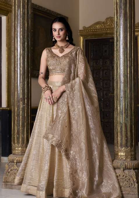 Beige Embroidery Gold Crush Lehenga Set for Diwali and Festive Wear