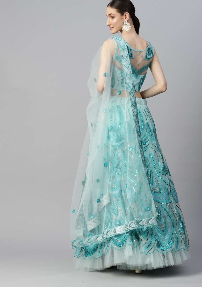 Sky Blue Embroidery Net Lehenga Set - Indya