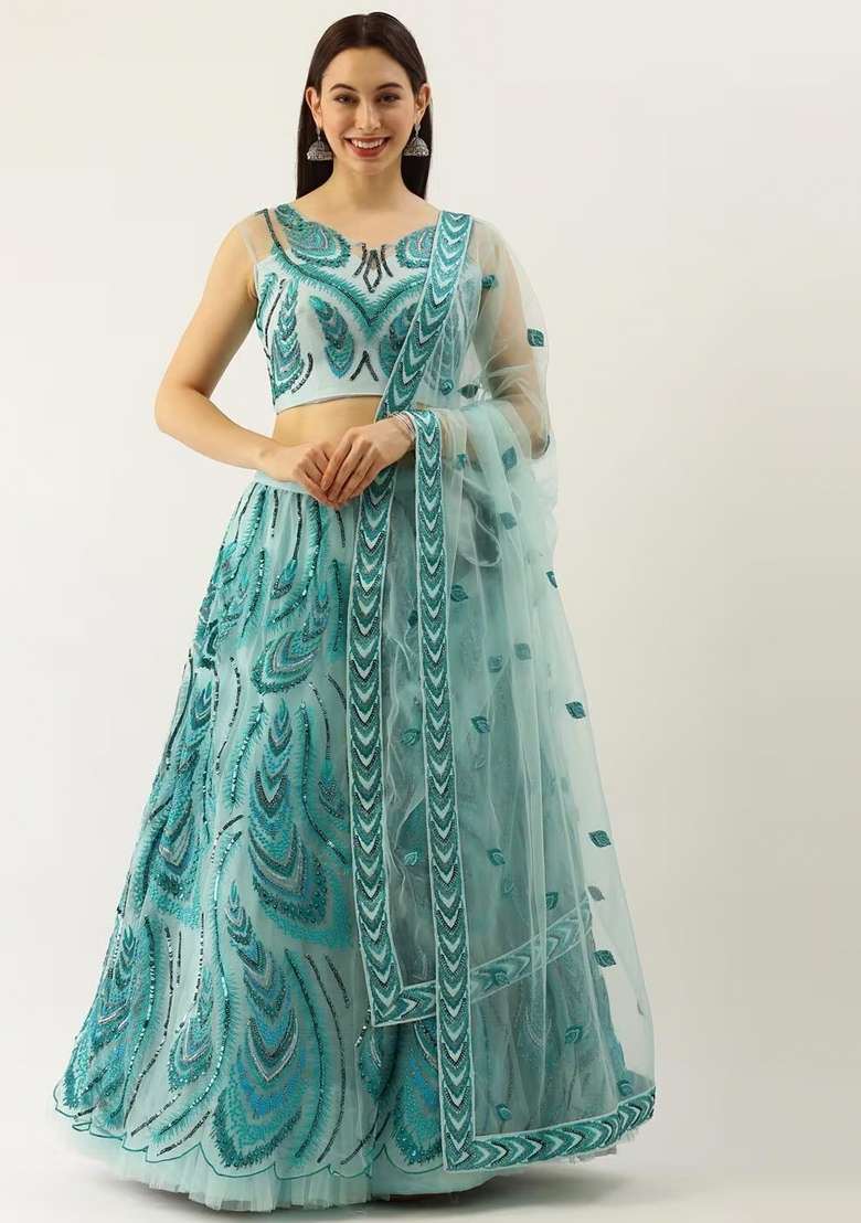 Sky Blue Embroidery Net Lehenga Set - Indya