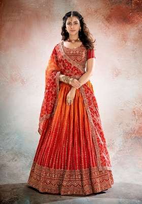 Orange Red Embroidery Chinon Lehenga Set for Diwali and Festive Wear