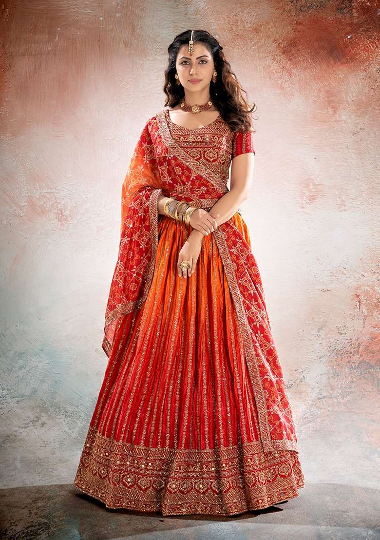 Orange Red Embroidery Chinon Lehenga Set for Diwali and Festive Wear - Indya