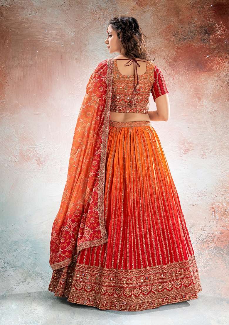 Orange Red Embroidery Chinon Lehenga Set for Diwali and Festive Wear - Indya