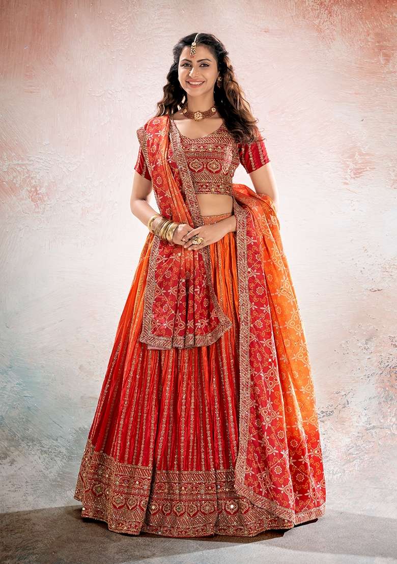 Orange Red Embroidery Chinon Lehenga Set for Diwali and Festive Wear - Indya