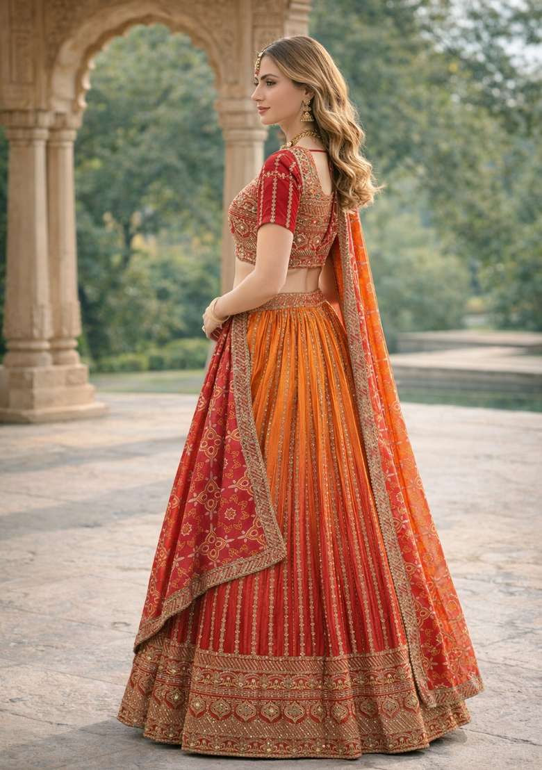 Orange Red Chinon Lehenga Set with Embroidery for Diwali | Wedding & Festive Wear - Indya