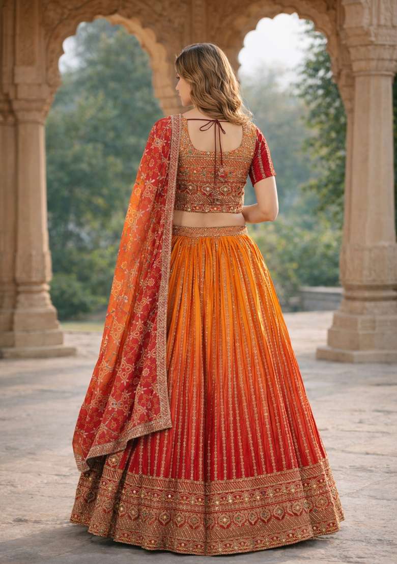Orange Red Chinon Lehenga Set with Embroidery for Diwali | Wedding & Festive Wear - Indya