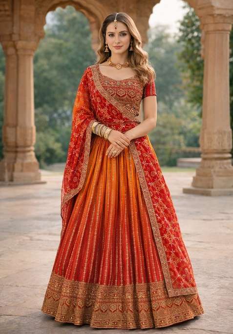 Orange Red Chinon Lehenga Set with Embroidery for Diwali | Wedding & Festive Wear