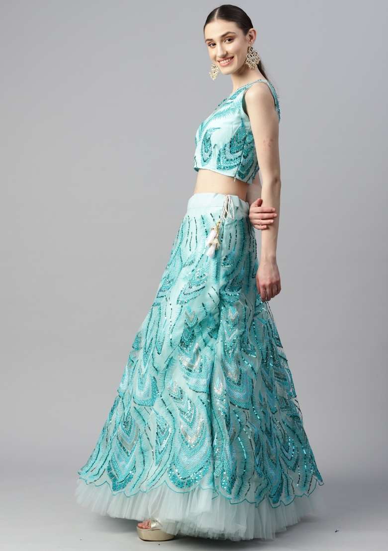 Sky Blue Embroidery Net Lehenga Set - Indya