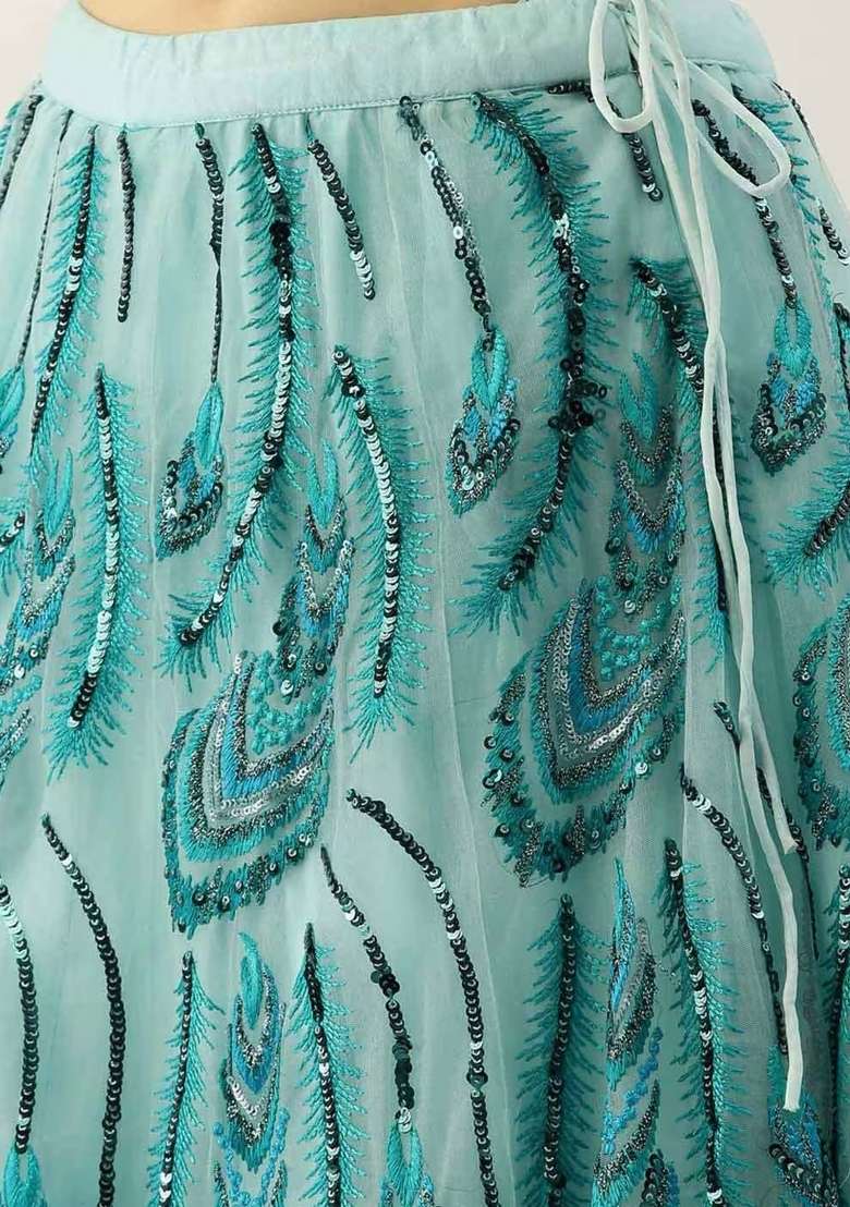 Sky Blue Embroidery Net Lehenga Set - Indya