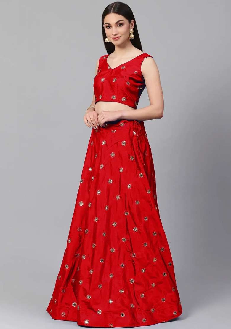 Red Silk Lehenga Set with Embroidery for Diwali | Wedding & Festive Wear - Indya