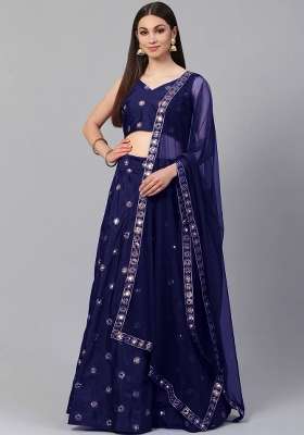 Navy Blue Silk Lehenga Set with Embroidery for Diwali | Wedding & Festive Wear