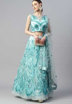 Sky Blue Embroidery Net Lehenga Set
