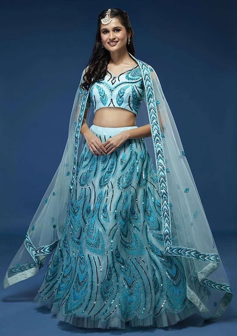 Sky Blue Embroidery Net Lehenga Set - Indya