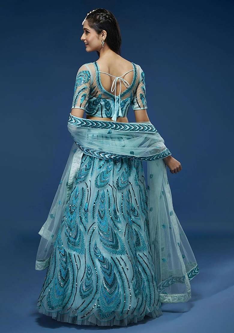 Sky Blue Embroidery Net Lehenga Set - Indya