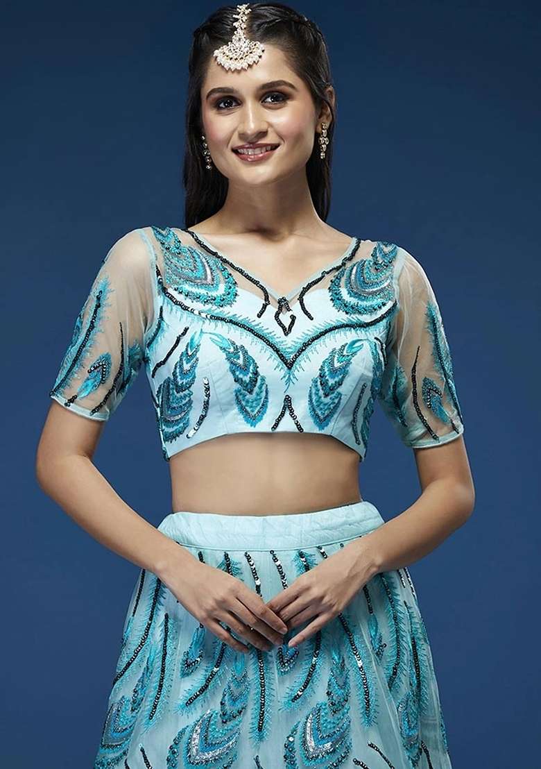 Sky Blue Embroidery Net Lehenga Set - Indya