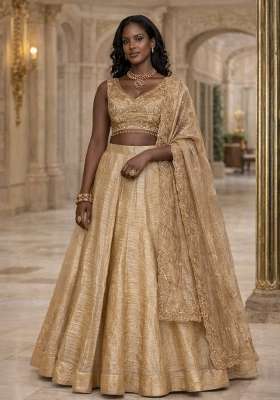 Beige Gold Crush Lehenga Set with Embroidery for Diwali | Wedding & Festive Wear